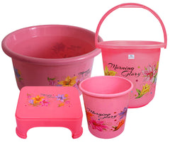Heart Home Printed 4 Pieces Plastic Bucket, Stool, Dustbin & Tub Set (Pink)