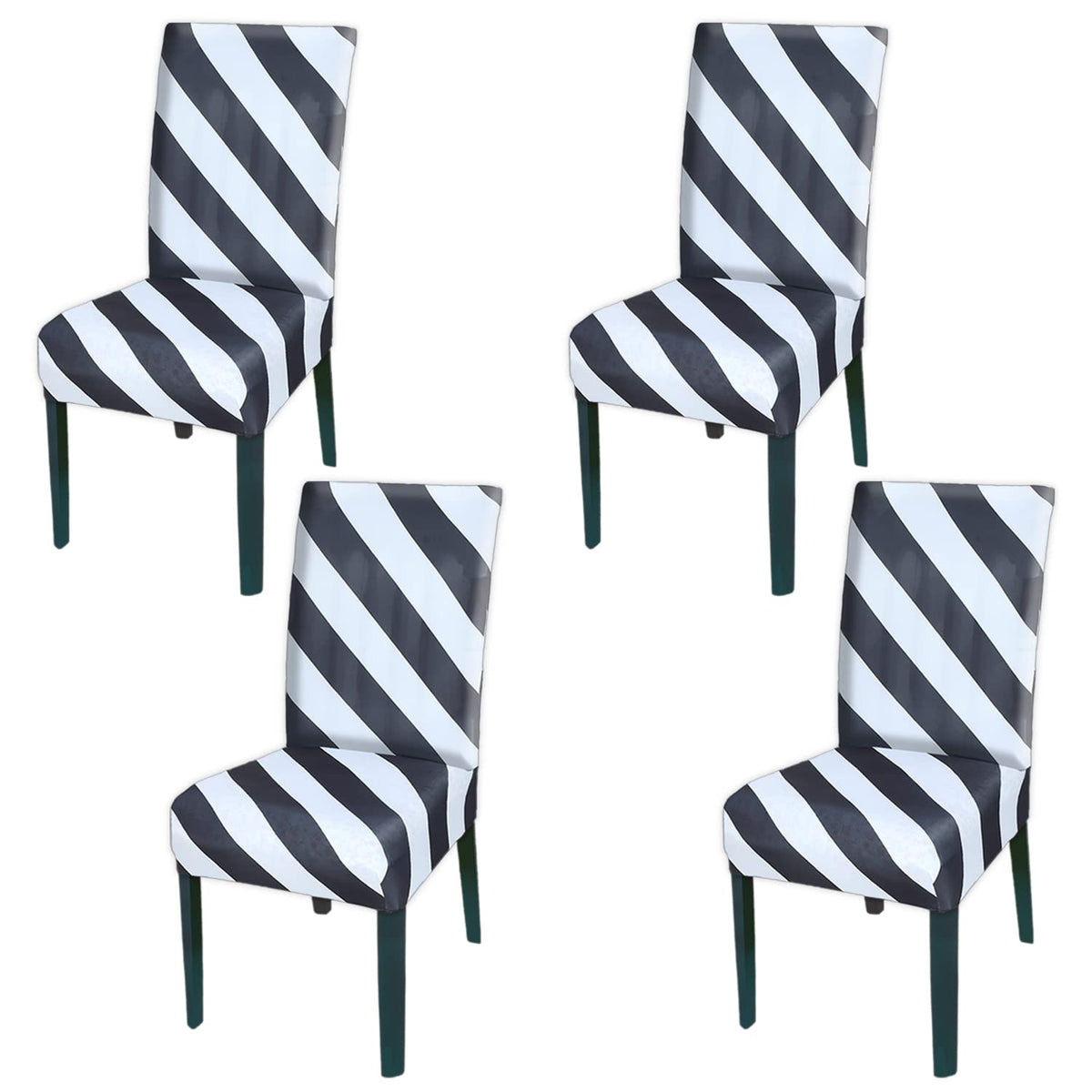 Kuber Industries Strip Printed Polyester Stretchable Elastic Dining Chair Cover/Seat Slipcover/Seat Protector- Pack of 4 (Black & White)-50KM0940