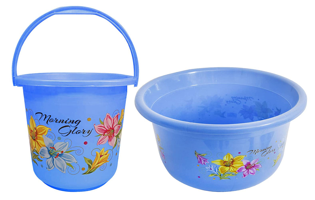Kuber Industries Printed 2 Pieces Plastic Bucket & Tub Set (Blue)