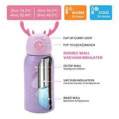 Heart Home Water Bottle for Kids|Unicorn Design Stainless Steel Flask with Straw, Cup & Fabric Cover|Sipper Bottle for Kids|Food Grade Plastic Lid|Broad Fabric Strap|Leak Proof, BPA Free|500 ml