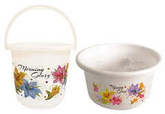 Kuber Industries Printed 2 Pieces Plastic Bucket & Tub Set (White)
