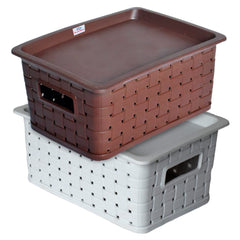 Heart Home BPA Free Attractive Design Multipurpose Small Trendy Storage Basket With Lid|Material-Plastic|Color-Brown,Grey|Pack of 2