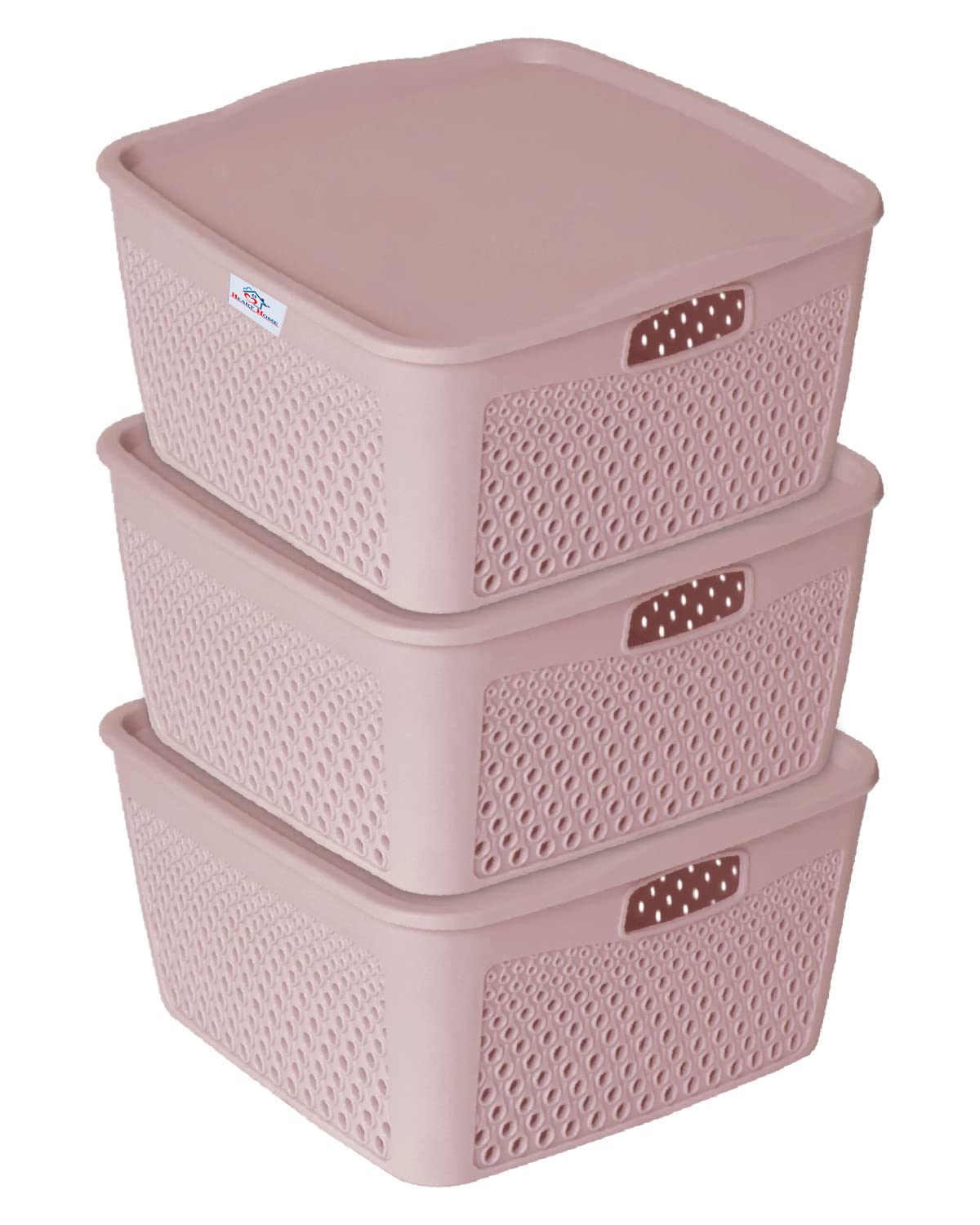 Heart Home Netted Design Unbreakable Multipurpose Square Shape Plastic Storage Baskets with lid Small Pack of 3 (Grey)