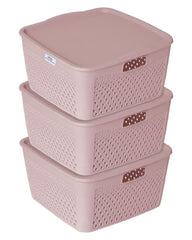 Heart Home Netted Design Unbreakable Multipurpose Square Shape Plastic Storage Baskets with lid Small Pack of 3 (Grey)