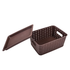 Kuber Industries BPA Free Attractive Design Multipurpose Small Trendy Storage Basket With Lid|Material-Plastic|Color-Brown,Beige|Pack of 2