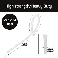 Kuber Industries 200 MM Self Locking Cable Ties|Heavy Duty Nylon Zip Ties|Wire With 49 Pounds Tensile Strength|Pack of 100 (White)
