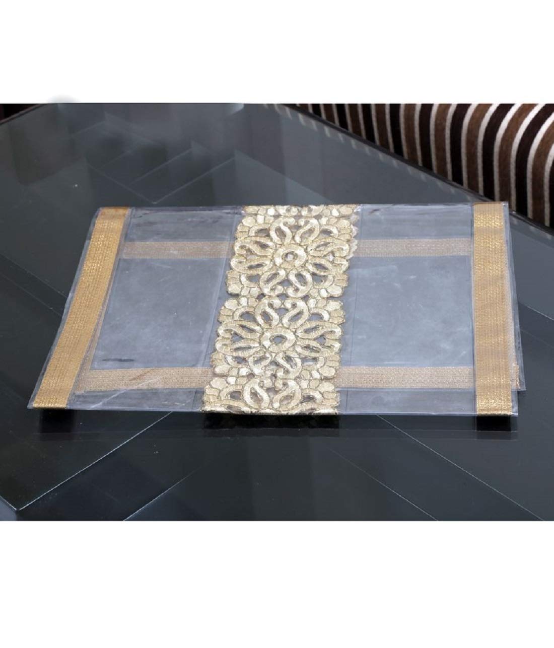 Heart Home Laminated Patch Floral Design PVC Transparent Luxurious Table Runner 40 x 80 Cm (Gold) - CTHH7494