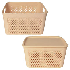 Heart Home Netted Design Unbreakable Multipurpose Square Shape Plastic Storage Baskets with lid Small, Medium, Large Pack of 3 (Beige)