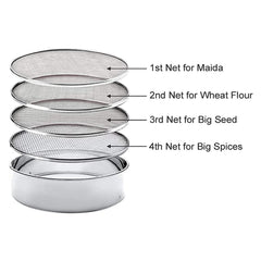 Kuber Industries 4 in 1 Stainless Steel Interchangeable Sieve Flour Chalni/Strainers/Jaali/Channi (Silver), Standard, (49KM0211)