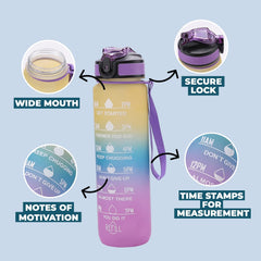 Urbane Home Motivational Water Bottle with Time Marker | Sipper Water Bottle for Kids & Adults with Straw | For Gym, Home, Office & School | Yellow Purple -1 L