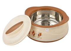 Heart Home Floral Printed BPA Free Food Grade Inner Stainless Steel Casserole Keeps Chapati, Food, Curry With Lid, 1500ml- Pack of 2 (Cream & Brown)-HS42KUBMART25036