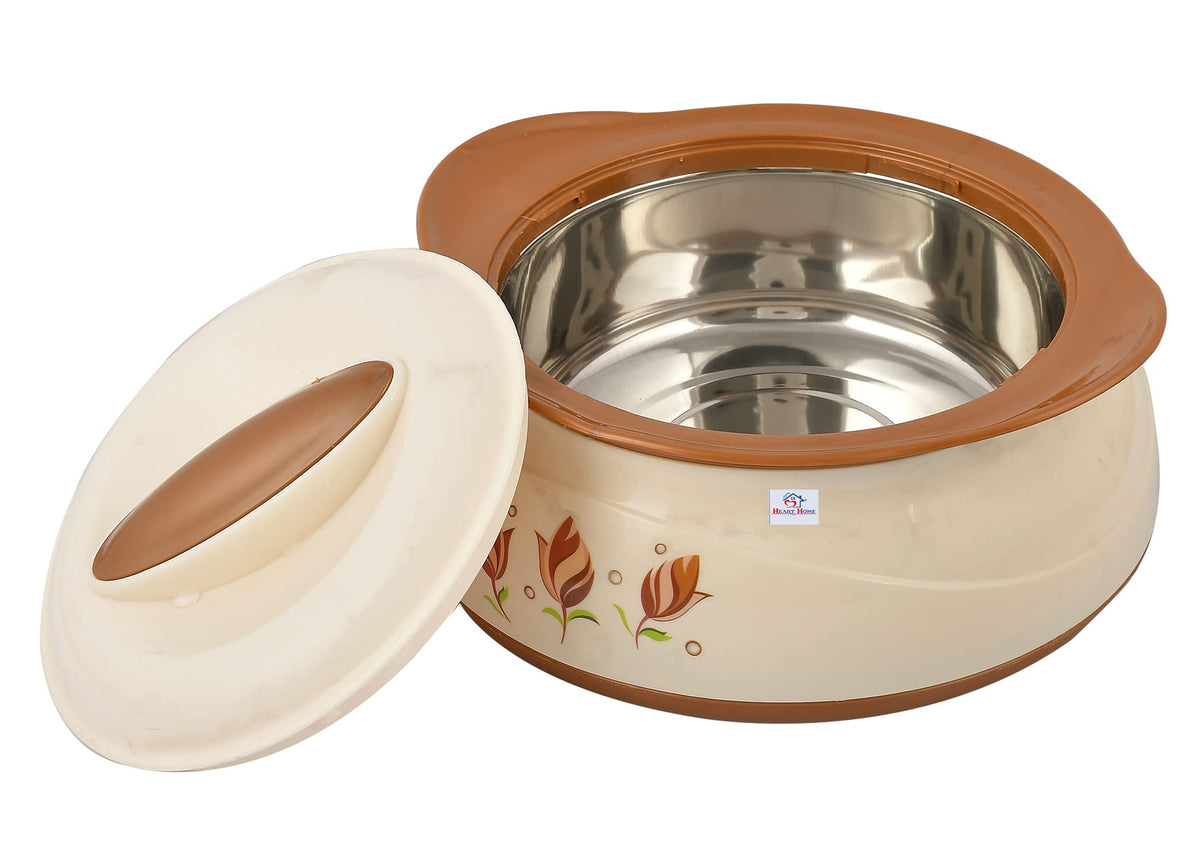 Heart Home Floral Printed BPA Free Food Grade Inner Stainless Steel Casserole Keeps Chapati, Food, Curry with Lid, 1500ml (Cream & Brown)-HS42KUBMART25034