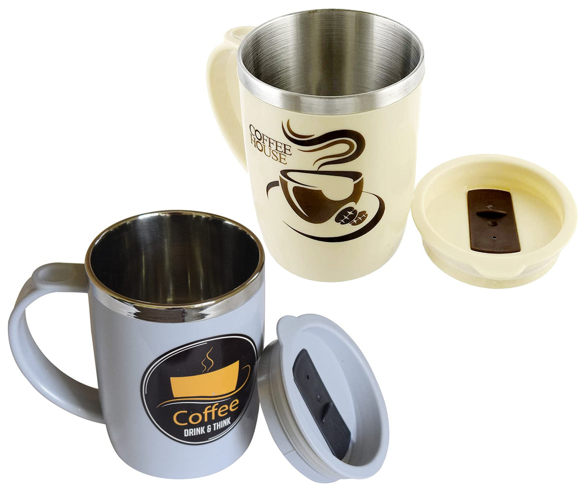 Kuber Industries Double Wall Vacuum Insulated Food Grade BPA Free Plastic Coffee Mug with Lid, Pack of 2 (Grey & Cream)