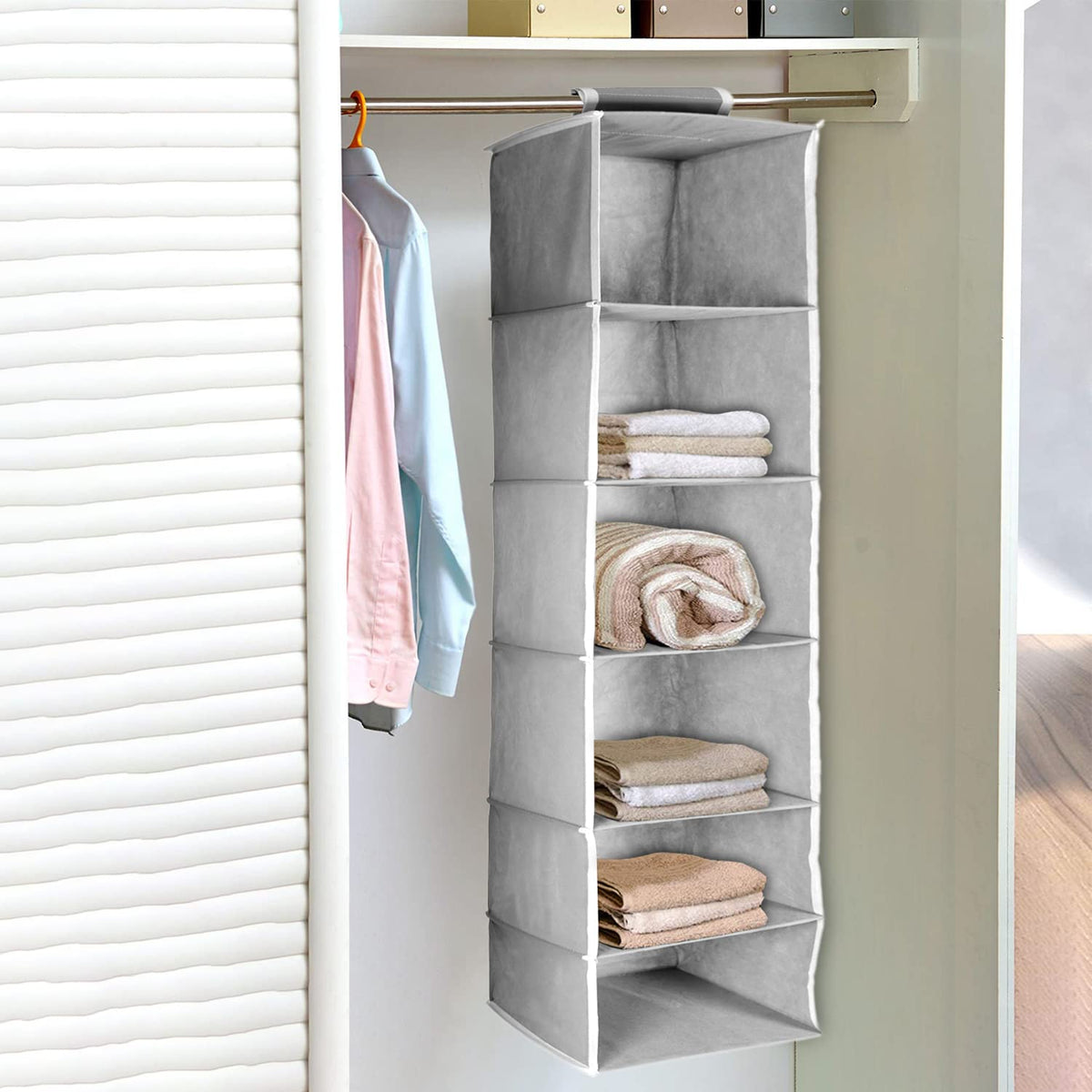 Kuber Industries 6 Shelf Closet Hanging Organizer/Wardrobe Organizer For Clothes Storage (Grey)