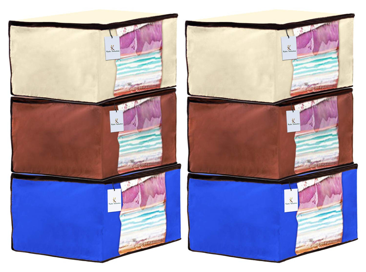 Kuber Industries 6 Piece Non Woven Fabric Saree Cover Set with Transparent Window, Extra Large, Ivory,Royal Blue,Dark Brown-CTKTC23749