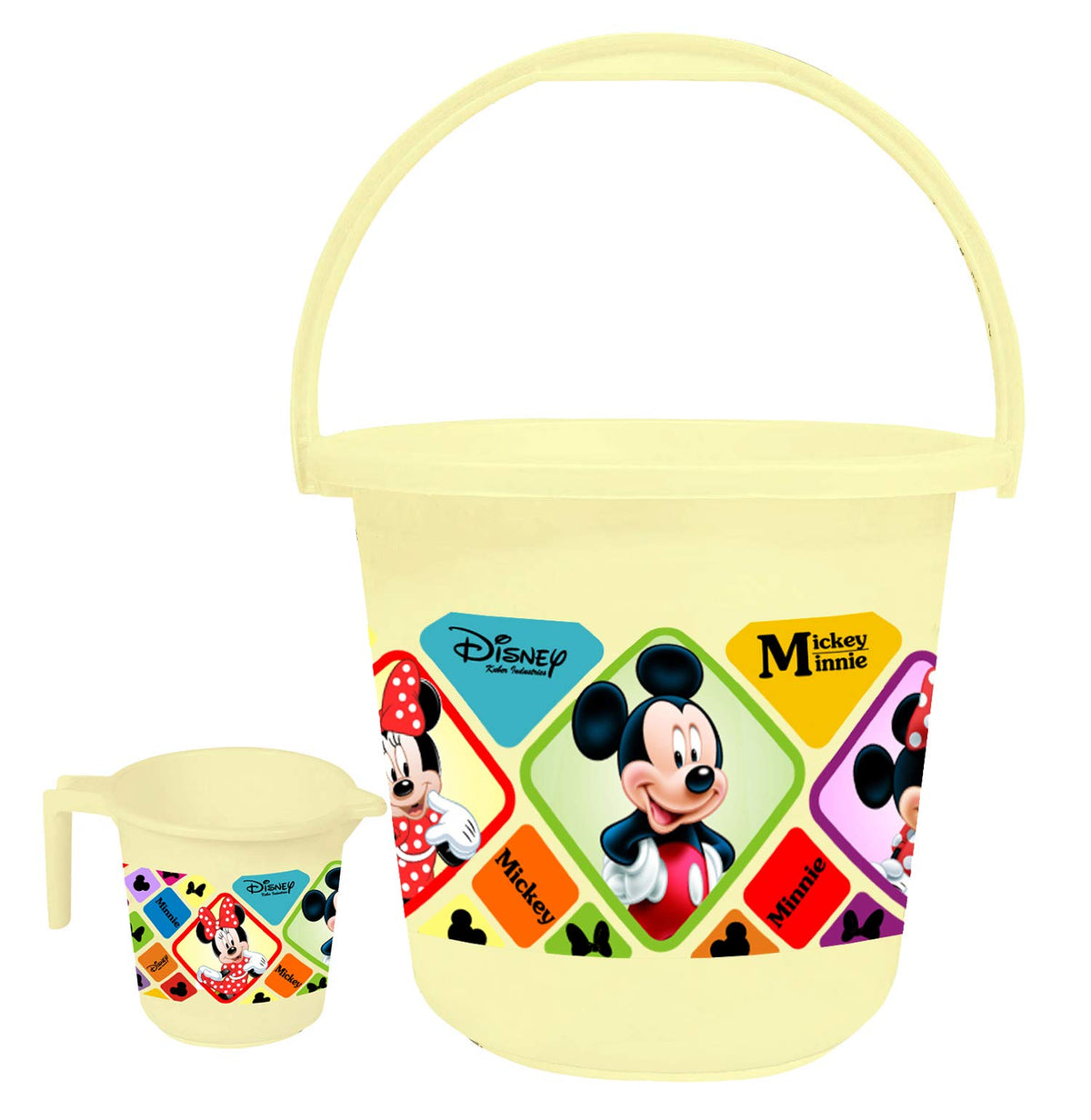 Kuber Industries Disney Mickey Minnie Print 2 Pieces Unbreakable Virgin Plastic Bathroom Bucket with Mug Set- Cream, (1 Pc 16 LTR Bucket & 1 Pc 500 ML Mug) -HS_35_KUBMARTS17925