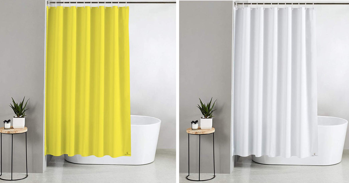 Kuber Industries 2 Pieces PEVA Shower Curtain Liner, Heavy Duty Plastic Shower Curtain with Hooks for Bathroom, Bathtub, 70" x 80", Yellow & White-KUBMART11558, Standard