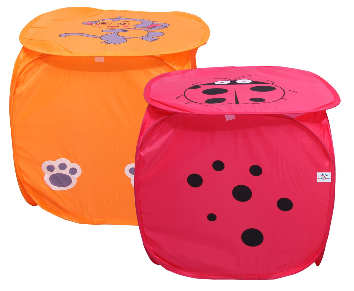 Heart Home Printed Foldable Polyster Laundry Basket, Toy Storage Basket, Cloth Storage Basket With Lid & Handles- Pack of 2 (Multicolor)-HS43HEARTH25850
