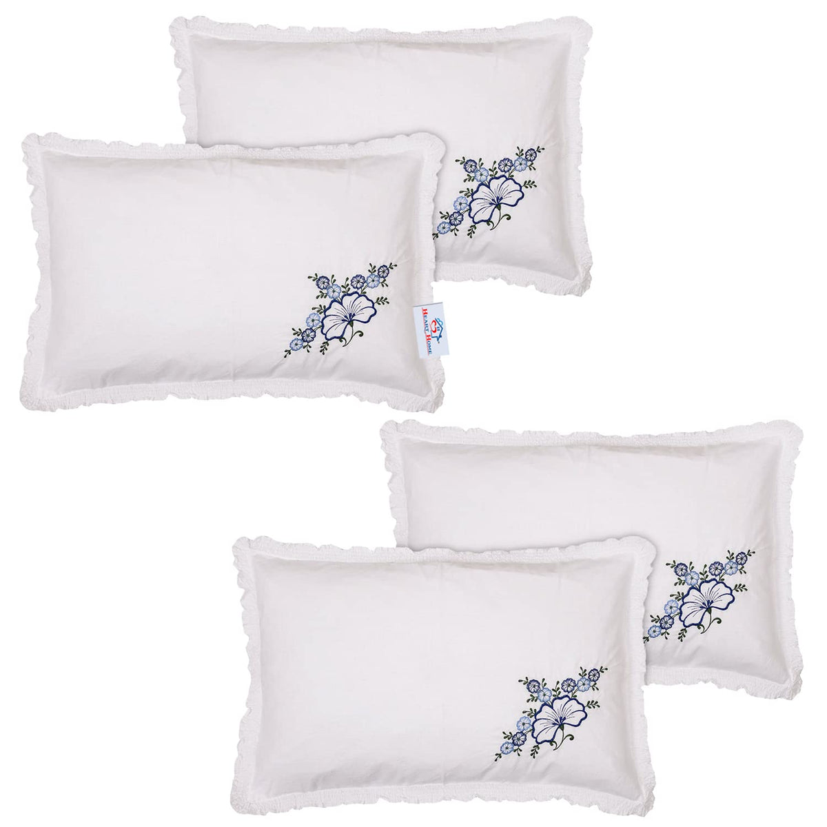 Heart Home Embroidery Pattern Breathable & Soft Cotton Pillow Cover for Sofa, Couch, Bed, Set of 4 (White) 54HH4114.