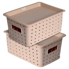 Heart Home BPA Free Attractive Design Multipurpose Small Trendy Storage Basket With Lid|Material-Plastic|Color-Light Brown|Pack of 2