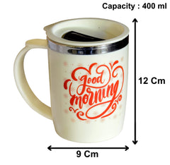 Heart Home Double Wall Vacuum Insulated Food Grade BPA Free Plastic Coffee Mug with Lid, Pack of 2 (Grey & Cream)