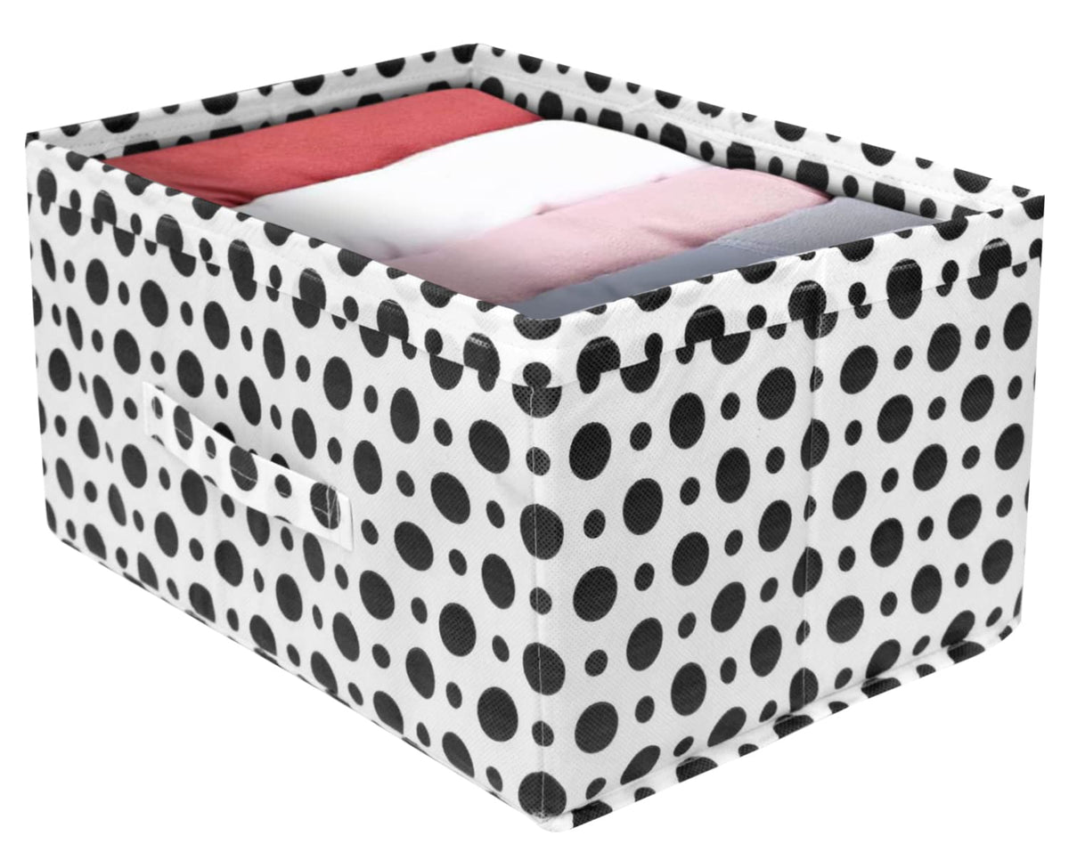 Heart Home Dot Printed Printed Non-Woven Rectangular Flodable Cloth Storage Box/Drawer (Black & White)-HS43HEARTH26340