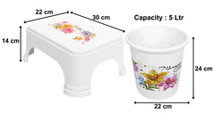 Kuber Industries Printed 2 Pieces Plastic Bathroom Dustbin & Stool Set (White)