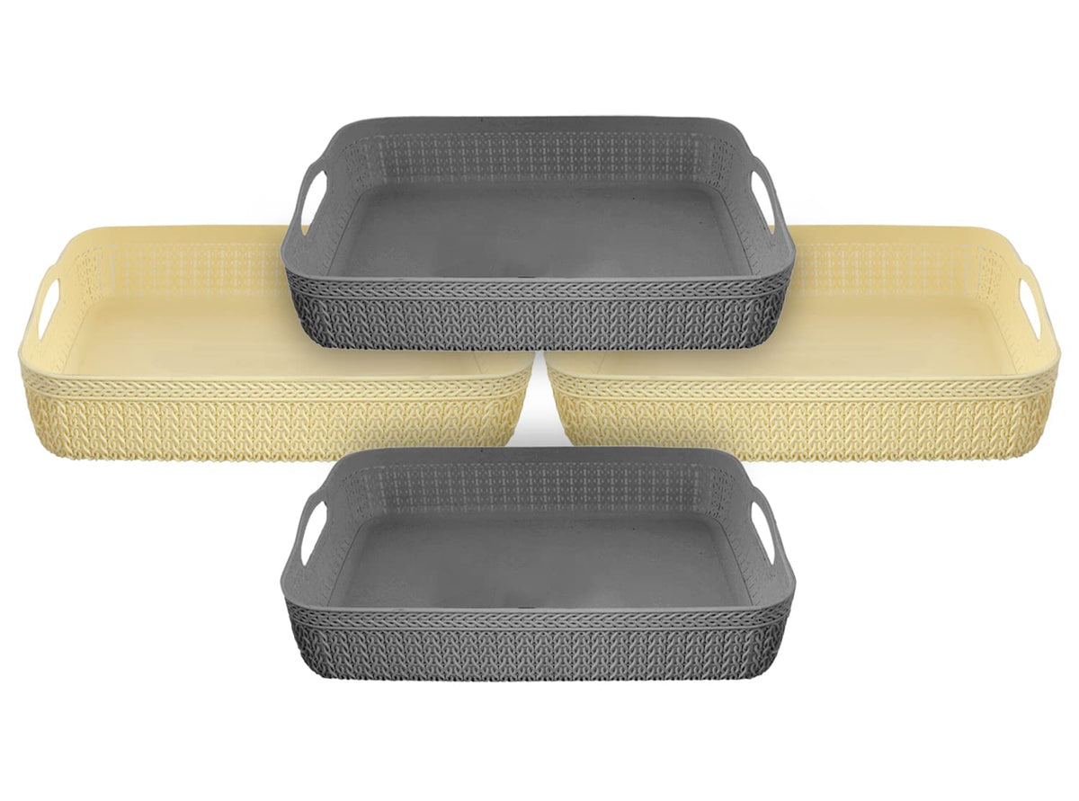 Heart Home Q-4 Multiuses Designer Unbreakable Plastic Storage Basket/Organizer/Bin For Home, Kitchen, Bathroom, Office Use Pack of 4 (Grey & White)-50HH01607