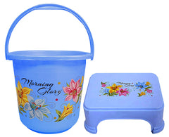 Kuber Industries Printed 2 Pieces Plastic Bucket & Stool Set (Blue)