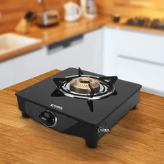 Kuber Industries Gas Stove 1 Burner | Glass Top, Manual Ignition & Cast Iron Burner | Easy to Clean & Wobble Free Pan Support Stand | Break Resistant | Compact & User-Friendly Design