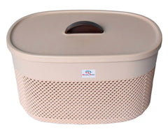 Heart Home Unbreakable Medium Multipurpose Storage Baskets with lid|Design-Netted|Material-Plastic|Shape-Oval|Color-Beige|Pack of 2