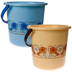 Kuber Industries Bucket|Plastic Bucket for Bathroom|Bucket for Bathing|Unbreakable Printed Bucket with Handle|18 Liter|Pack of 2 (Sky Blue & Cream)