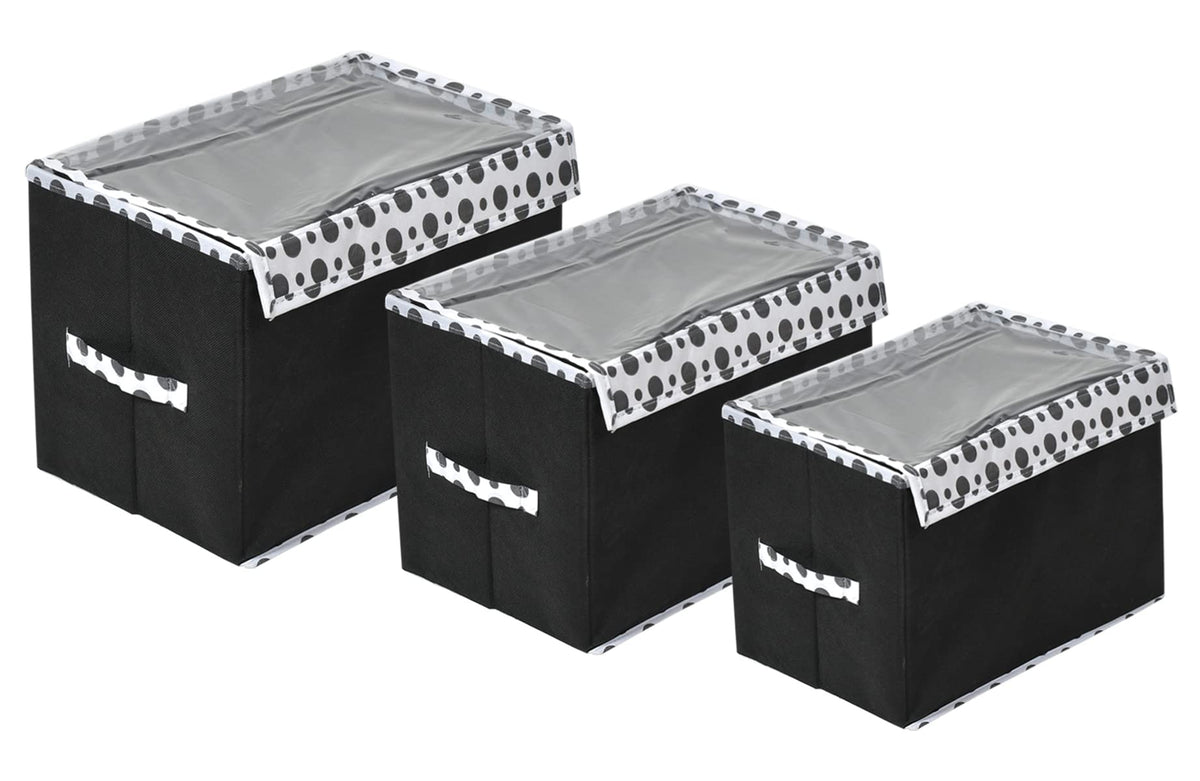 Heart Home Dot Printed Foldable Non-Woven 3 Pieces Storage Box/Bin For Books, Towels, Magazines, DVDs & More With Tranasparent Lid- Set of 3 (Black) -44HH0428