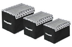 Heart Home Dot Printed Foldable Non-Woven 3 Pieces Storage Box/Bin For Books, Towels, Magazines, DVDs & More With Tranasparent Lid- Set of 3 (Black) -44HH0428