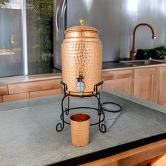 Kuber Industries 5 Litre Copper Water Dispenser with Stand and Glass | BPA Free, Non-Toxic | Hammered Texture, Rustproof & Durable | With Added Health Benefits of Copper | 5L