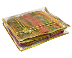 Heart Home Bow Design 3"inch Tranasparent PVC Foldable, Waterproof Saree Cover, Saree Organizer With Golden Border- Pack of 8 (Gold)-HS_38_HEARTH21557