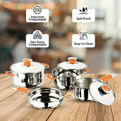 Kuber Industries Set of 4 Stainless Steel Cookware Set I Induction Base Cookware I Saucepan (1.4 L), Kadai (2.0 L), Casserole (2.5 L), Frypan (1 L) and 3 Lids I Heavy Gauge Steel