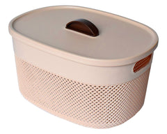 Heart Home Unbreakable Medium Multipurpose Storage Baskets with lid|Design-Netted|Material-Plastic|Shape-Oval|Color-Beige|Pack of 2
