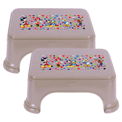 Kuber Industries Disney Team Stool | Bathroom Square Stool | Plastic Stool for Bathroom | Stool for Kitchen | Bathroom Patla | Support Stool for Bathroom | P6 | Pack of 2 | Brown