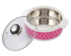 Heart Home Dot Printed Inner Steel Casserole with Toughened Glass Lid, 1500ml- Pack of 2 (Pink)-HS42KUBMART25007