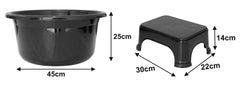 Heart Home 2 Pieces Unbreakable Virgin Plastic Multipurpose Bathroom Tub & Stool Set (Black)
