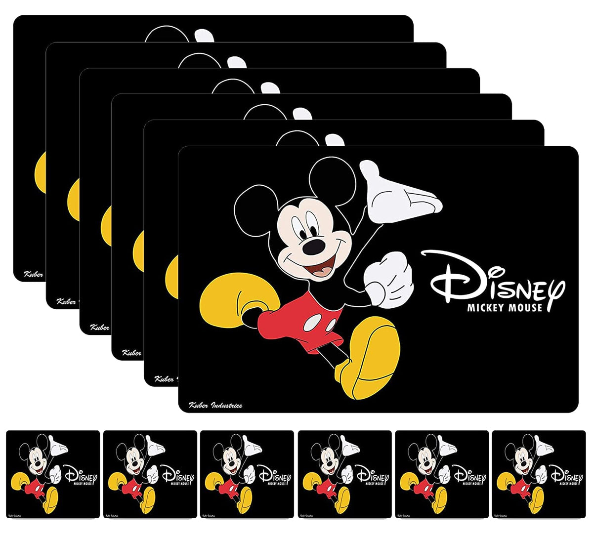 Kuber Industries Disney Mickey Mouse Printed PVC Dining Table Placemats with Tea Coaster Set, Set of 12 (Black)