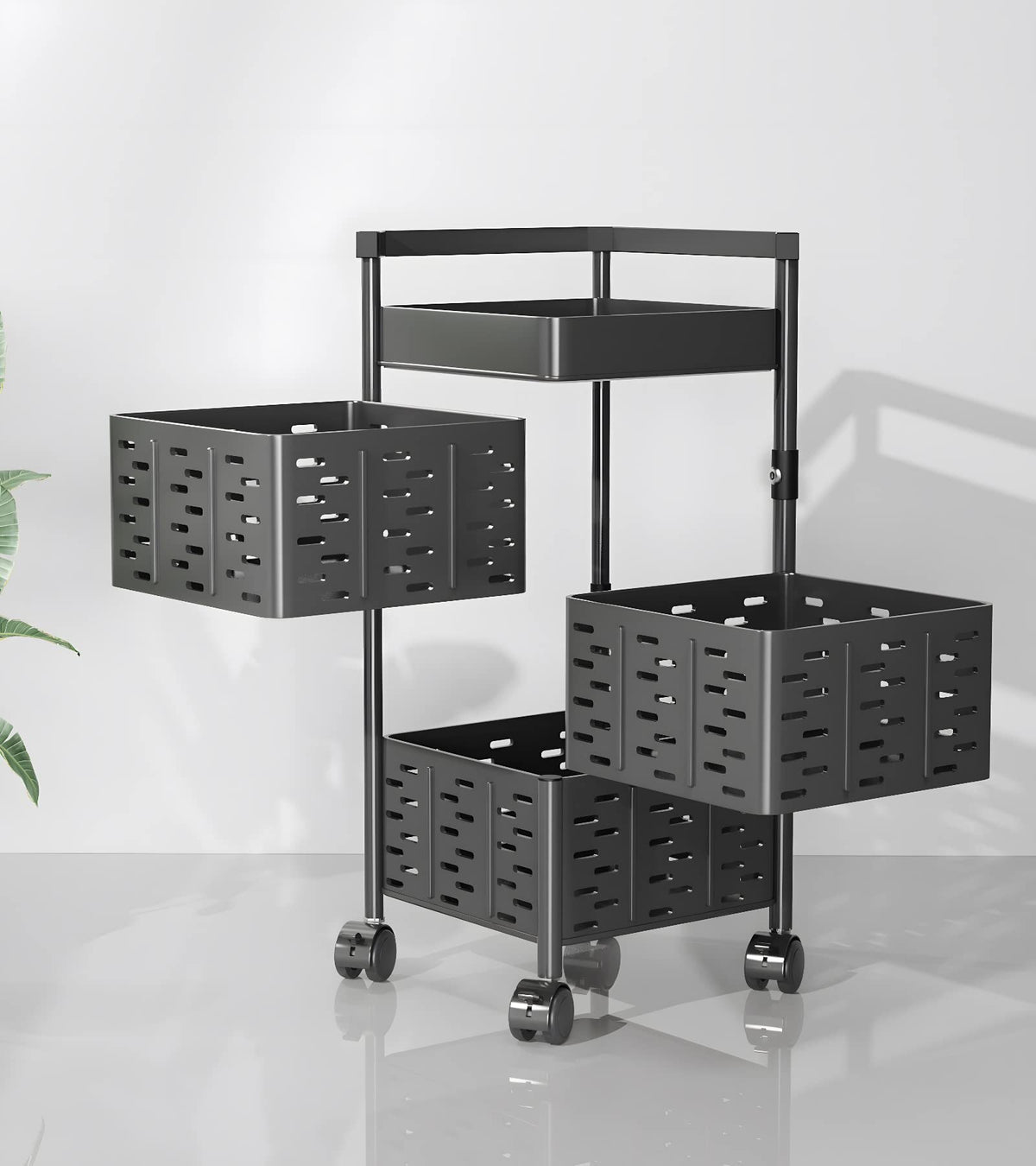 Kuber Industries 4Th Generation Square Rotating Rack|3-Layer Kitchen Trolley with 360 Rotation|Portable Storage Rack for Bathroom, Bedroom (Black)