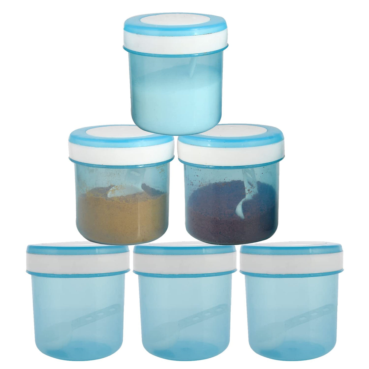 Kuber Industries Containers Set for Kitchen|BPA-Free Plastic 350 ML Storage Containers Set with Spoon for Kitchen|Pack of 6 (Sky Blue)