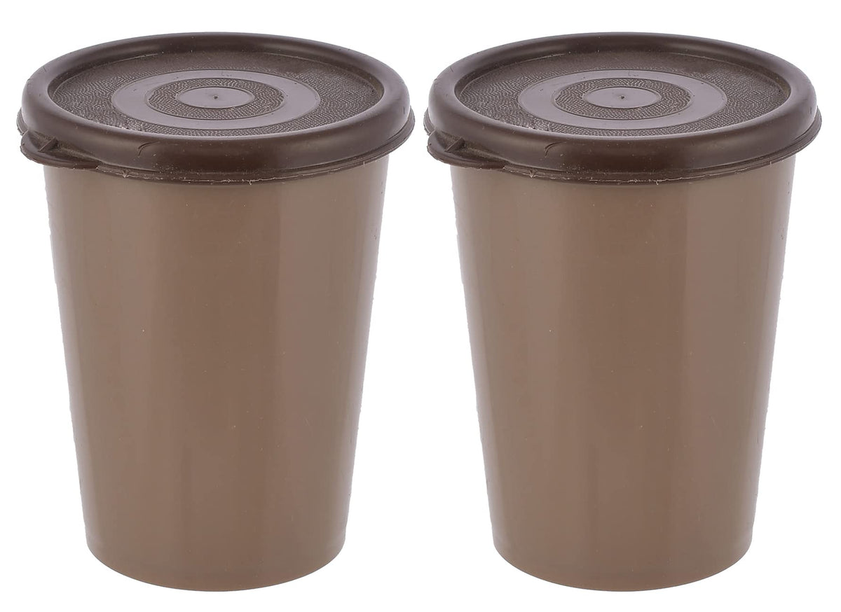 Heart Home Plastic Glass/Tumbler with Lid, 300ml- Set of 2 (Brown)-HS43HEARTH25659