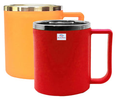 Heart Home Medium Size Plastic Steel Cups for Coffee Tea Cocoa, Camping Mugs with Handle, Portable & Easy Clean, Set of 2 (Red & Orange)