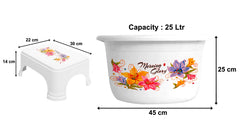 Kuber Industries Printed 2 Pieces Plastic Bathroom Tub & Stool Set (White)