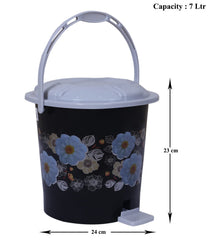 Kuber Industries Durable Flower Print Plastic Pedal Dustbin|Waste Bin|Trash Can For Kitchen & Home With Handle,7 Litre,Pack of 2 (Black)