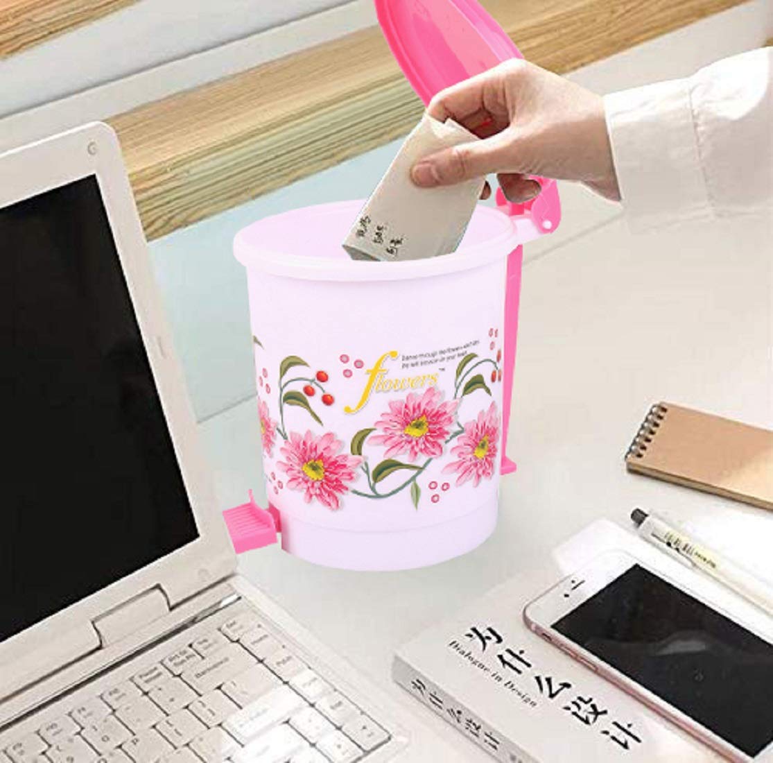 Kuber Industries Floral Design Plastic Dustbin, Small, Pink (CTKTC311)