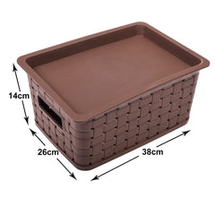 Kuber Industries BPA Free Attractive Design Multipurpose Large Trendy Storage Basket With Lid|Material-Plastic|Color-Brown|Pack of 2